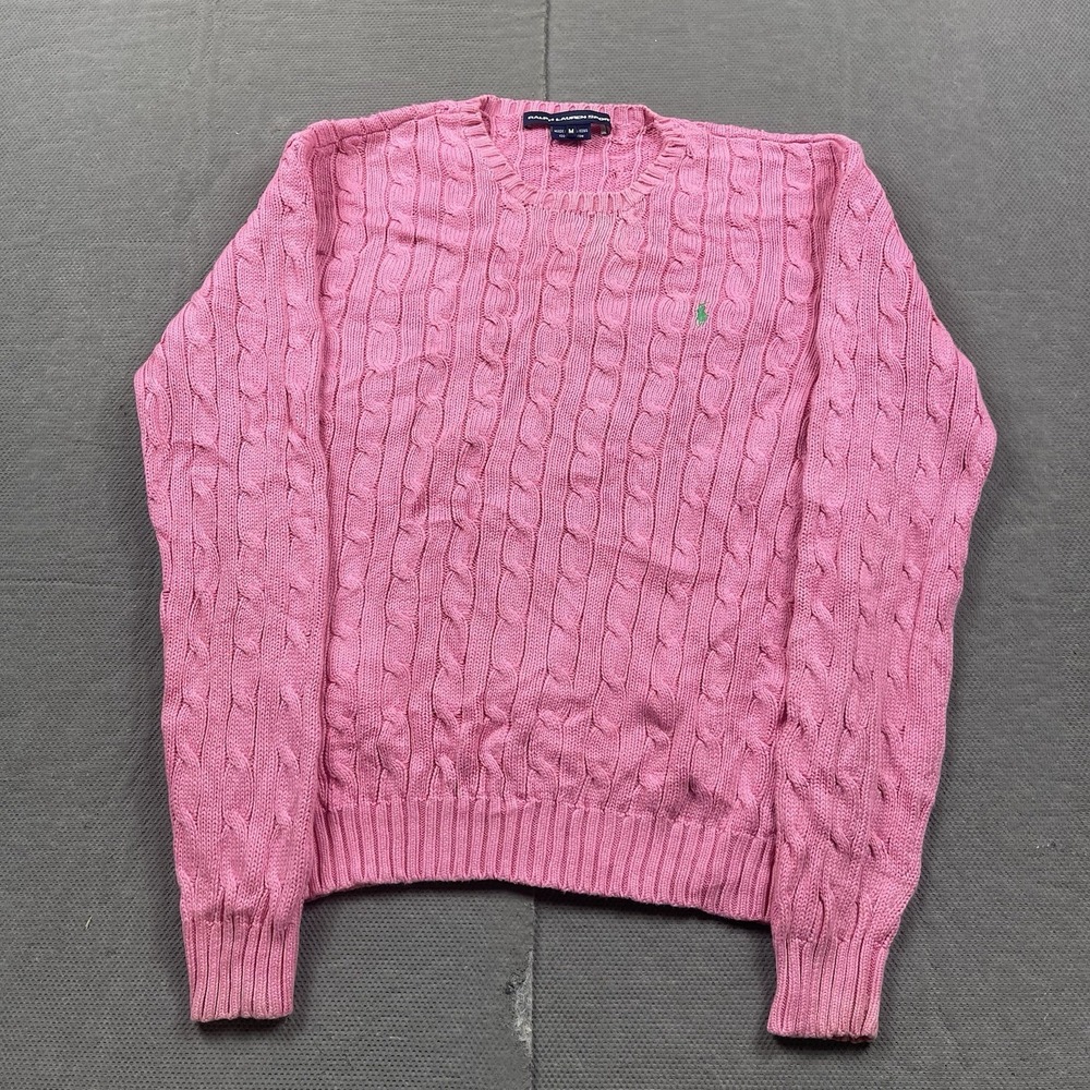 Vintage Ralph Lauren Sport Sweater Womens Medium Pink Cable Knit Cotton Pullover